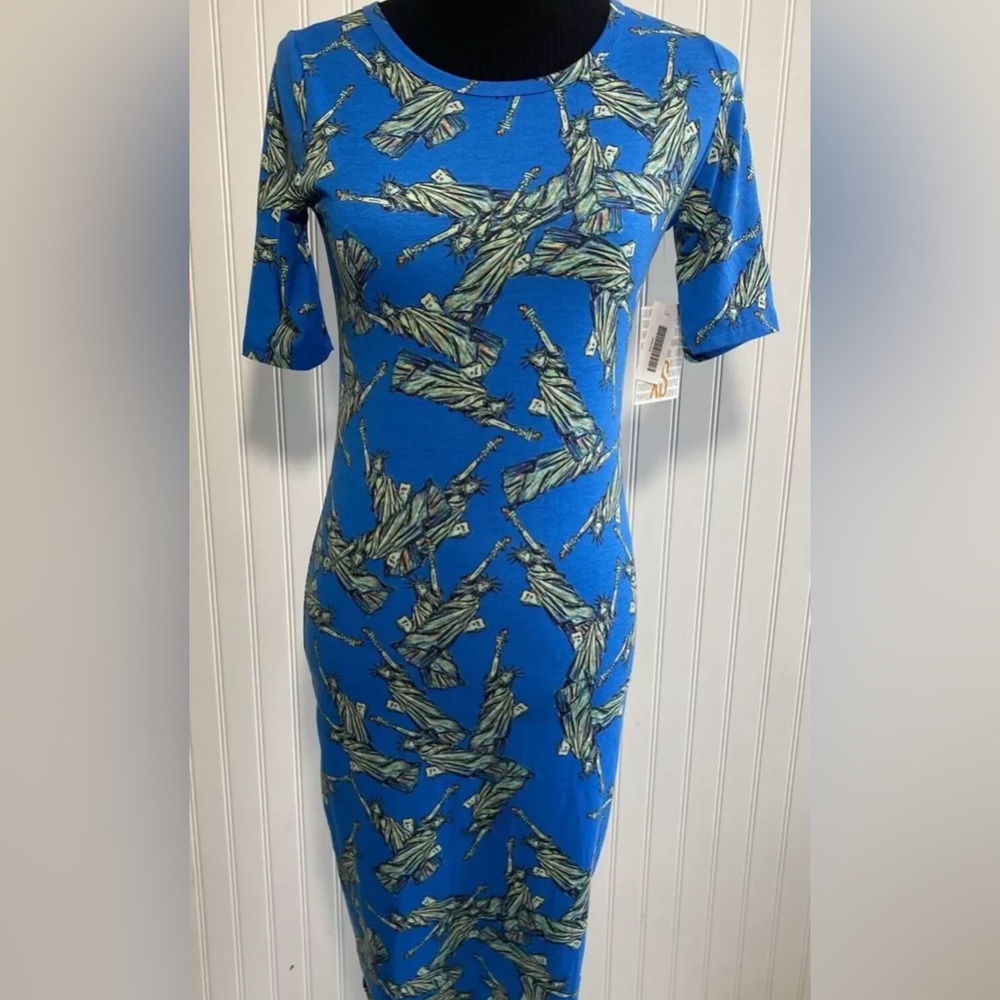 LuLaRoe Julia Dress Blue Statue of Liberty Dress Size XS Americana Patriotic